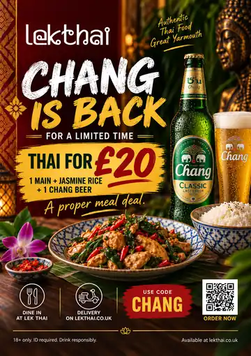Thai for £20 Chang campaign leaflet showing Thai food, Chang beer, jasmine rice and the Lek Thai offer